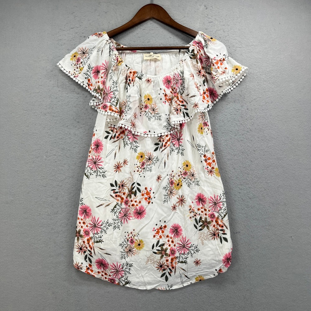 Victoria & Sophia Dress Women Small White Floral Off Shoulder Pom Pom Trim Mini